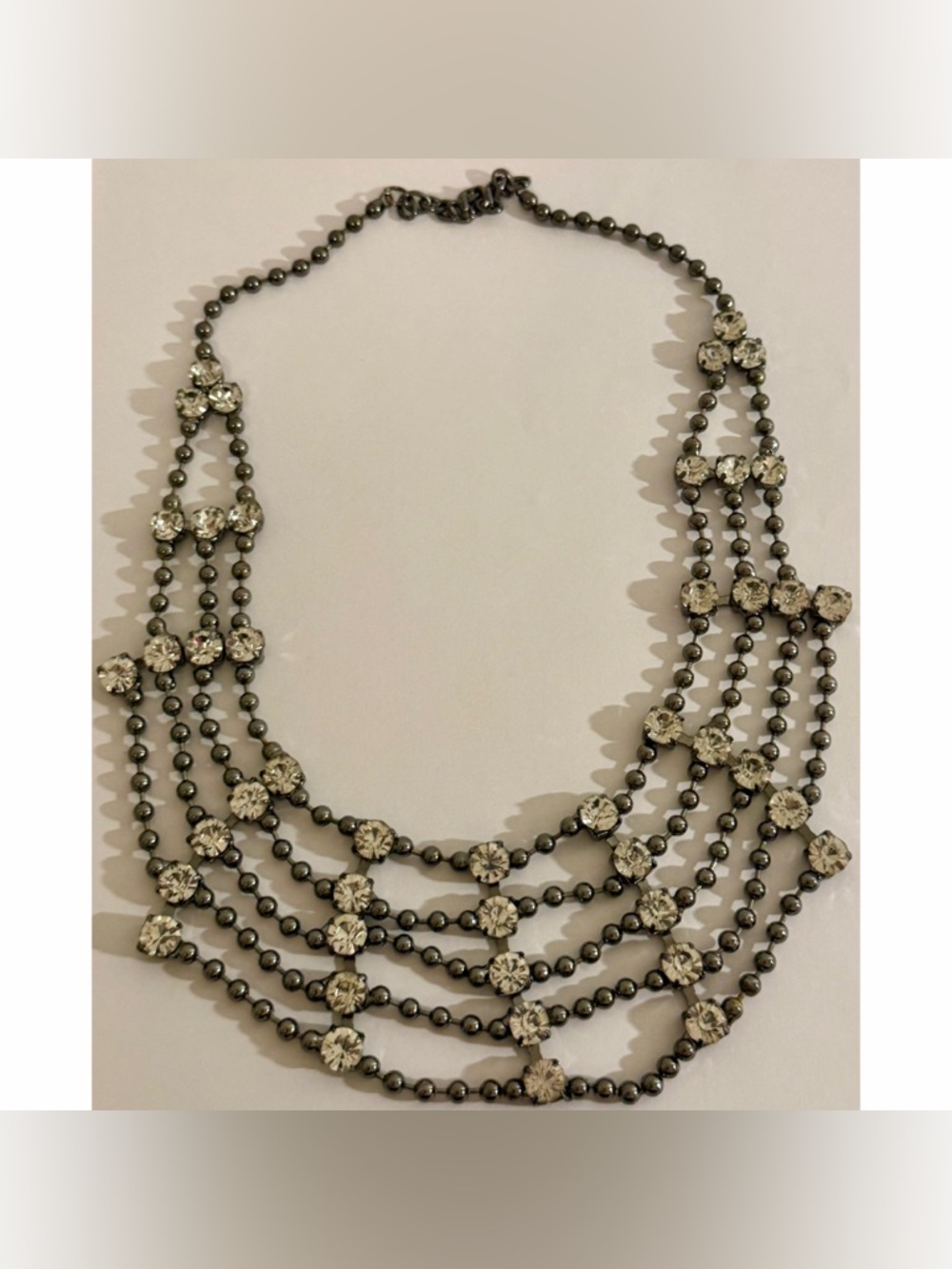 Layered Rhinestone Statement Necklace Gunmetal Gray Crystal Bib Glam Jewelry